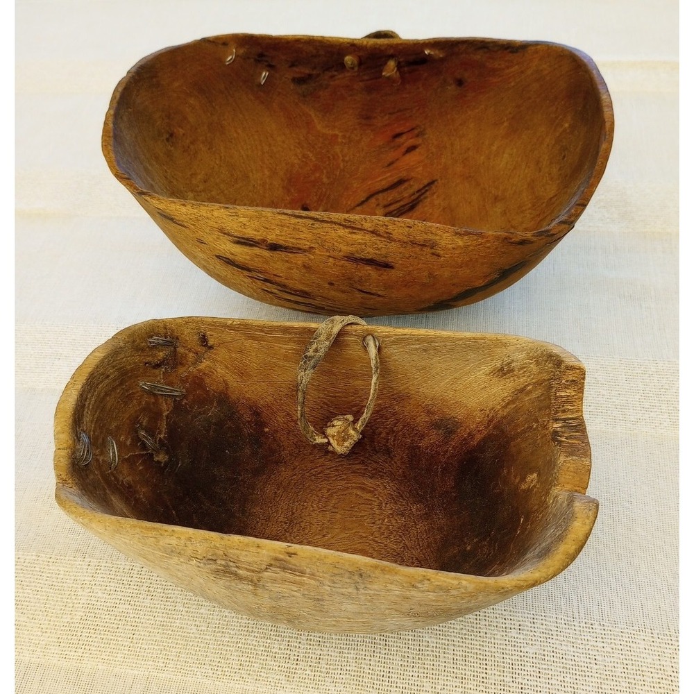 2-VTG Authentic Hand Carved Turkana Milk Bowls W/Leather Loops Made In Kenya